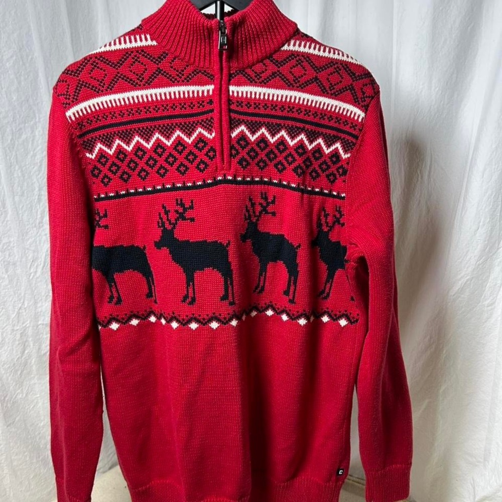CHAPS Red 1/4 Zip Red Holiday Sweater Cable Knit medium Reiindeer Fair Isle